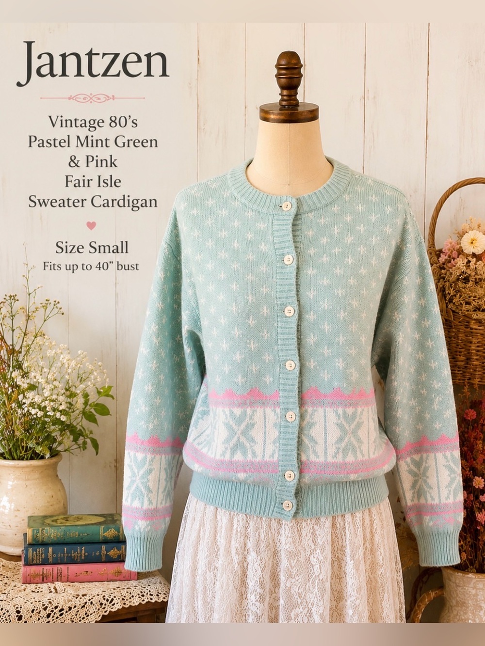 *Vintage 80’s - Jantzen, pastel mint green and pink, fair isle sweater cardigan
